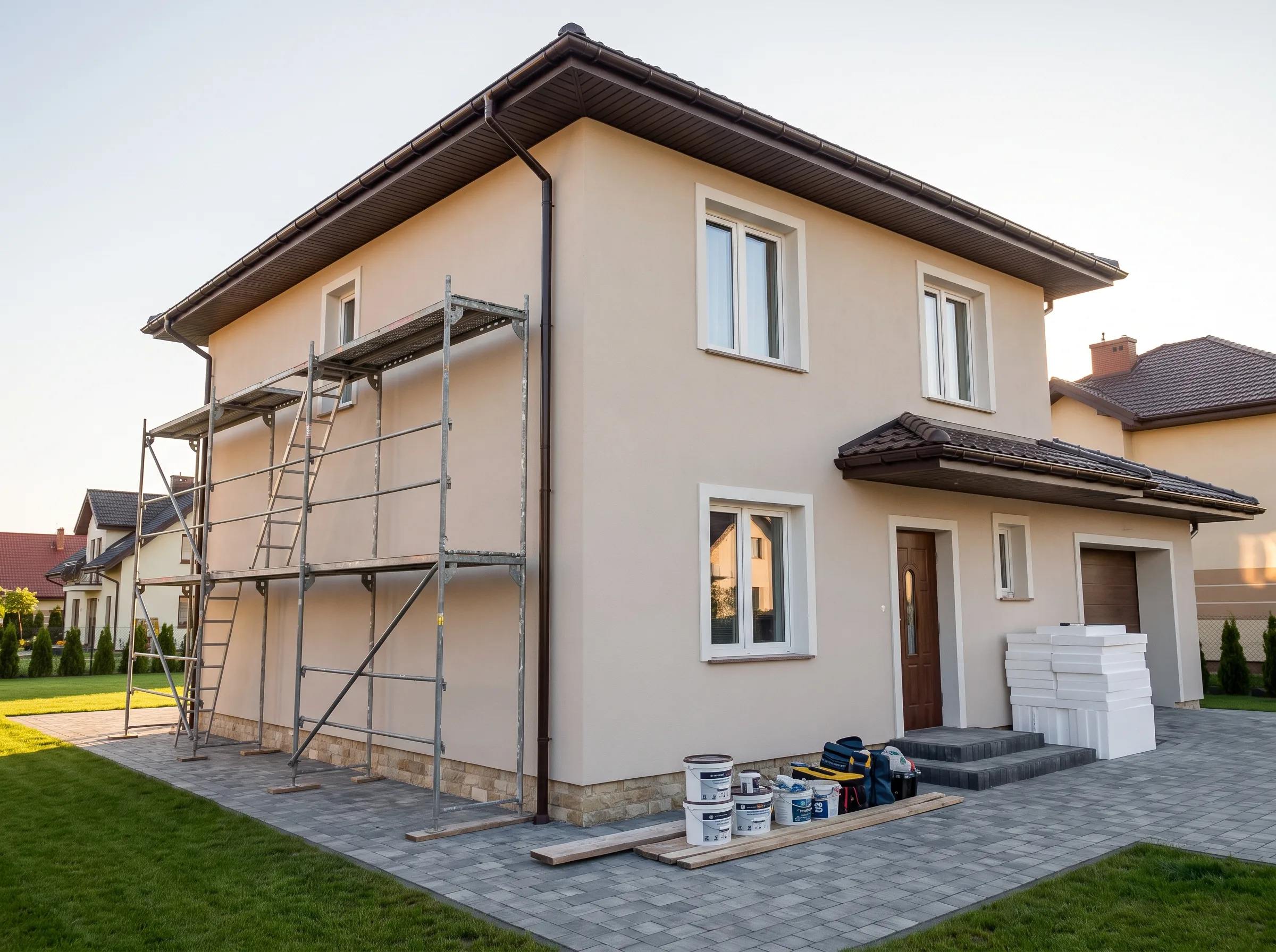 Elewacja budynku w trakcie renowacji z rusztowaniem i materiałami budowlanymi