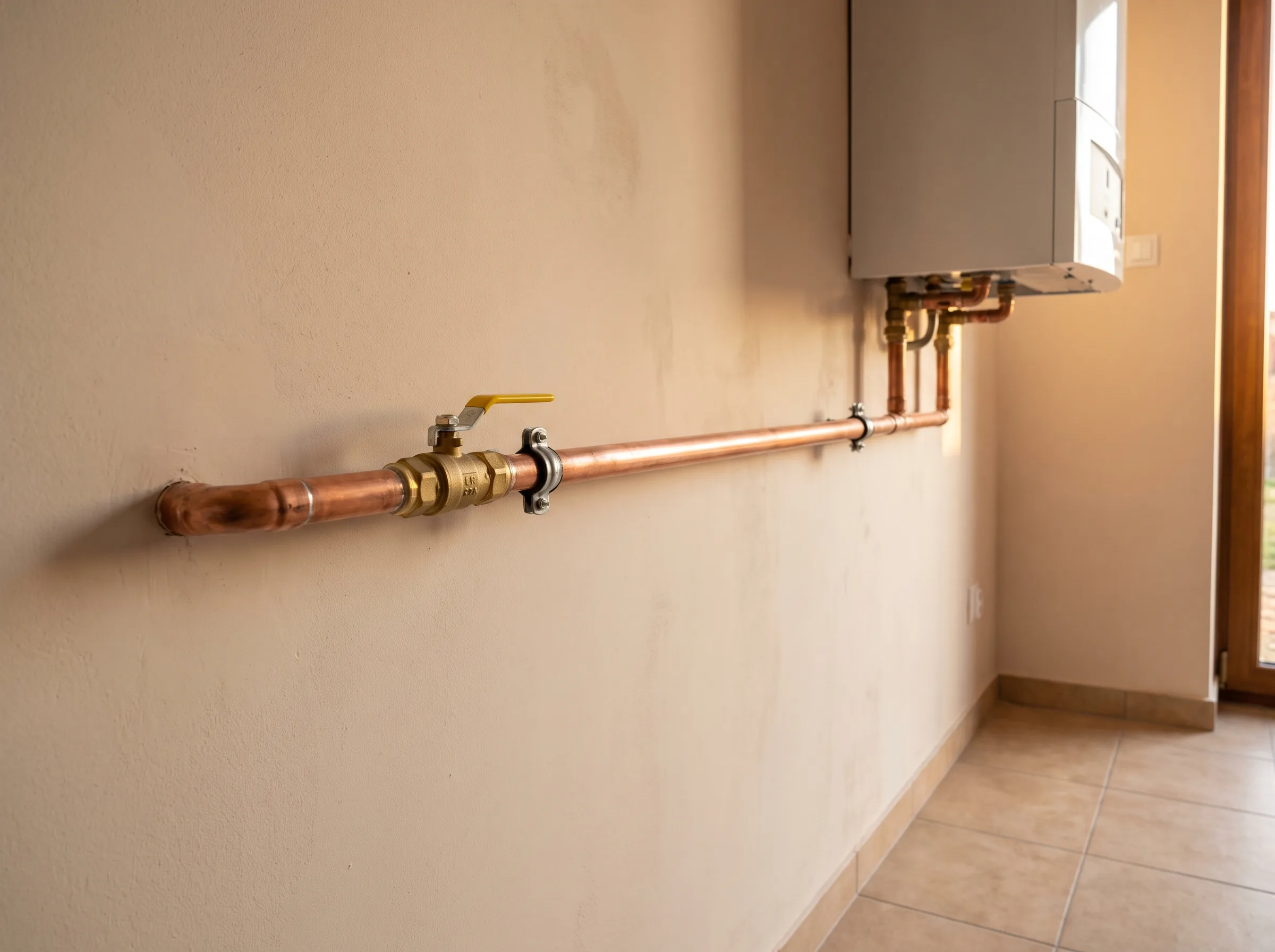 Instalacja hydrauliczna z rur miedzianych w pomieszczeniu