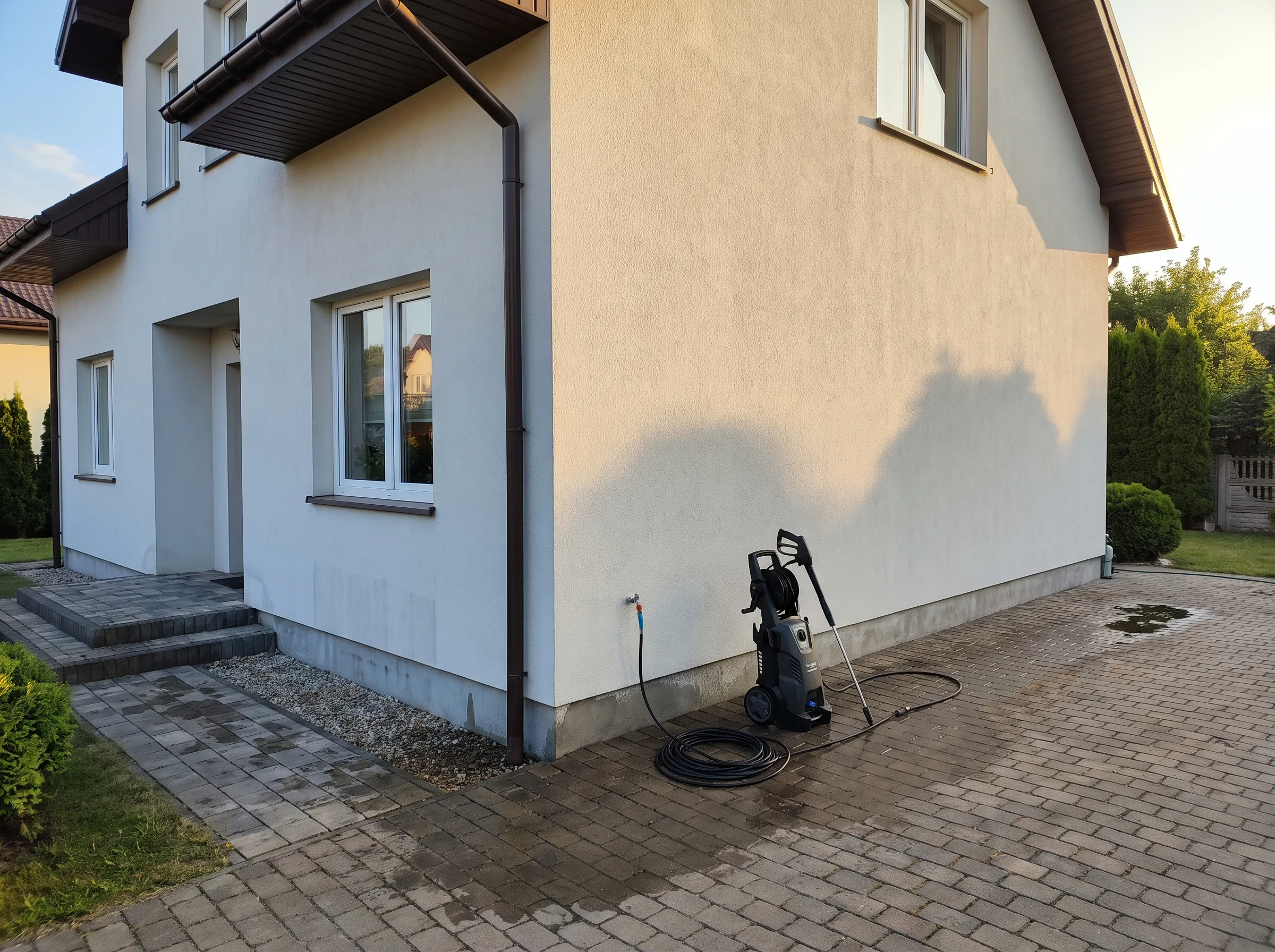 Elewacja budynku z widocznym sprzętem do mycia elewacji oraz częściowo brudną powierzchnią