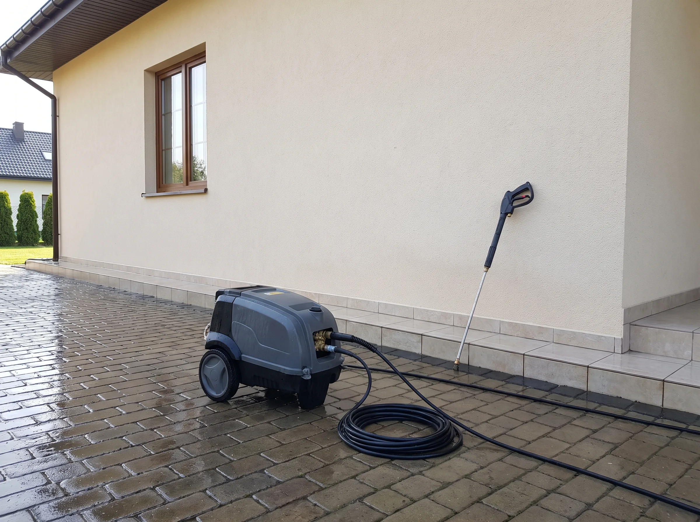 Myjka ciśnieniowa przygotowana do mycia elewacji budynku