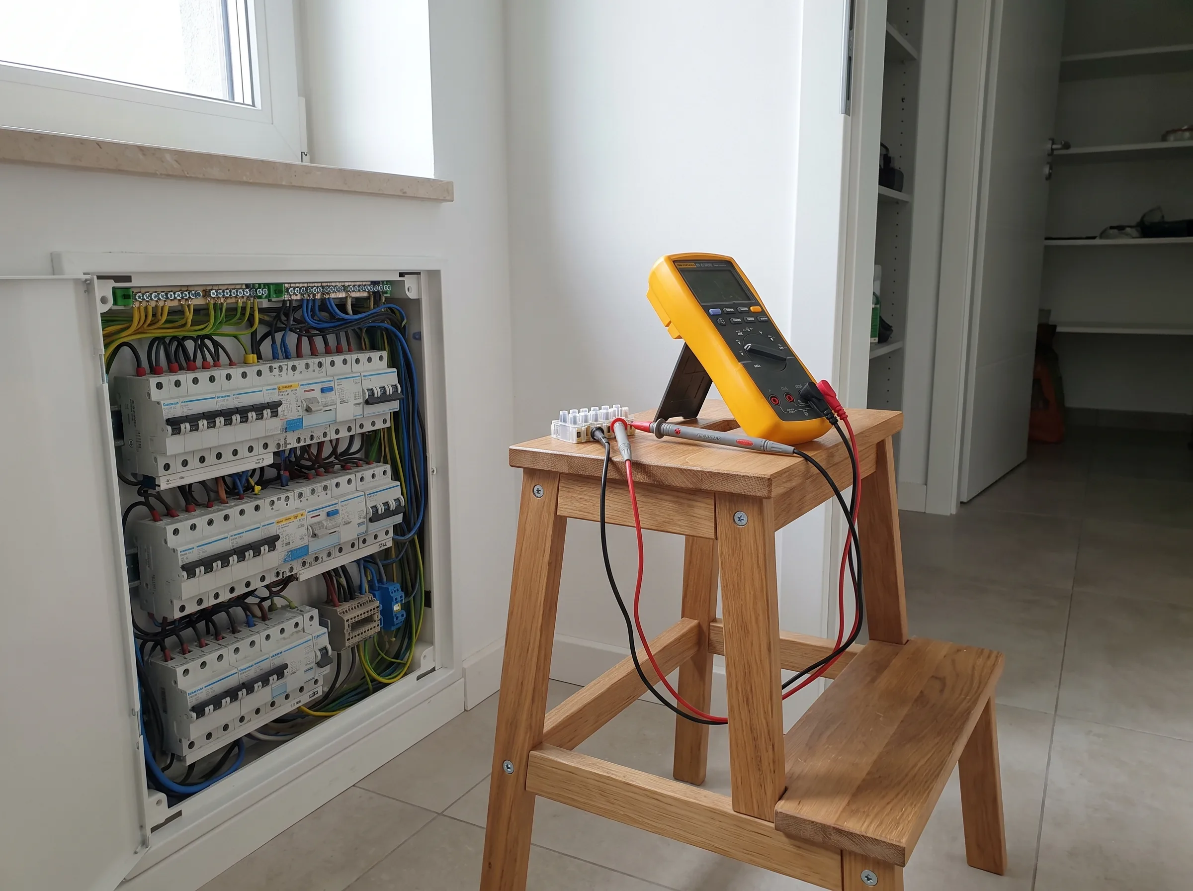 Pomiary elektryczne z użyciem miernika na krześle obok rozdzielnicy elektrycznej