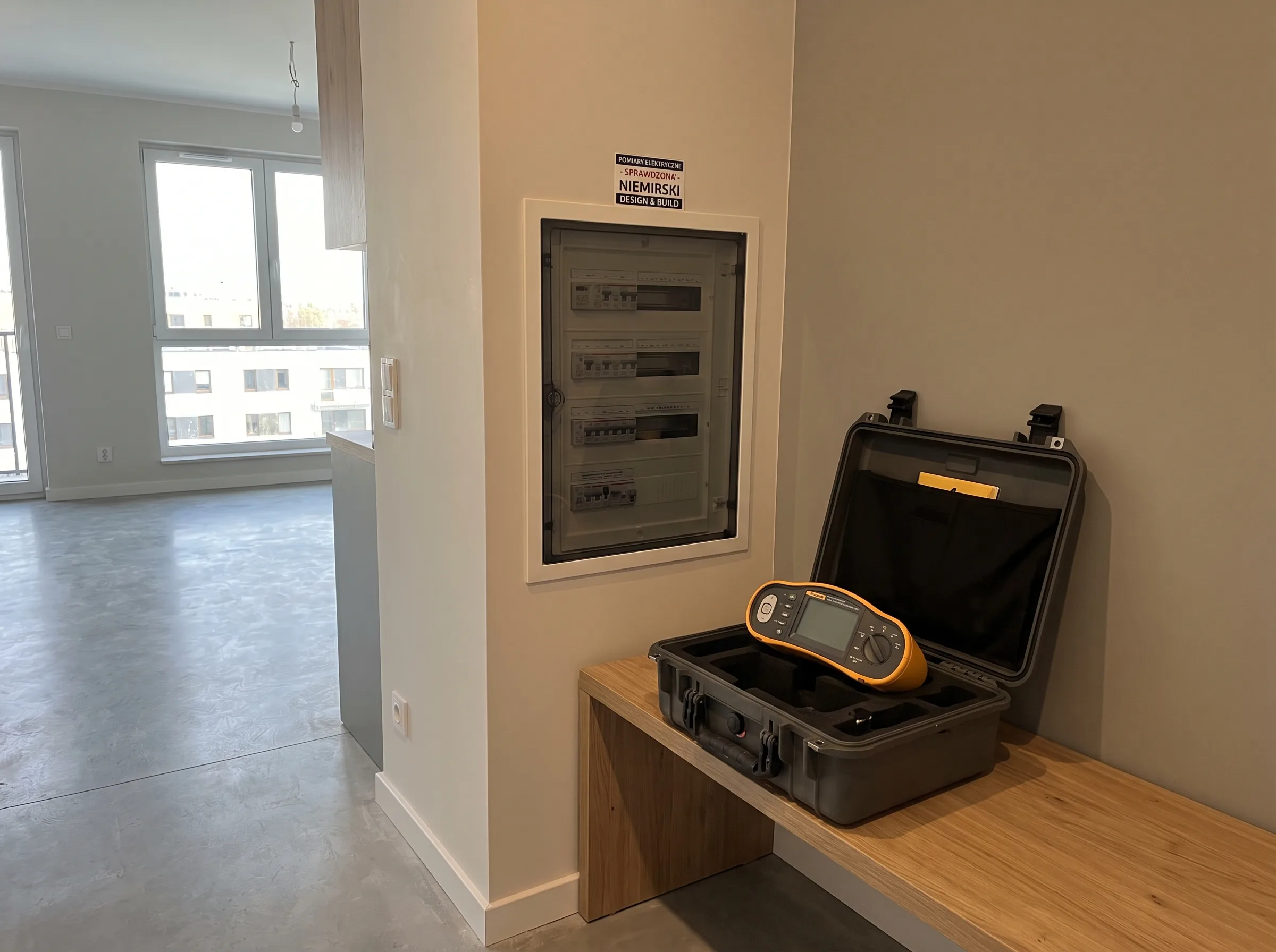 Rozdzielnica elektryczna w nowoczesnym wnętrzu z narzędziem pomiarowym na stole