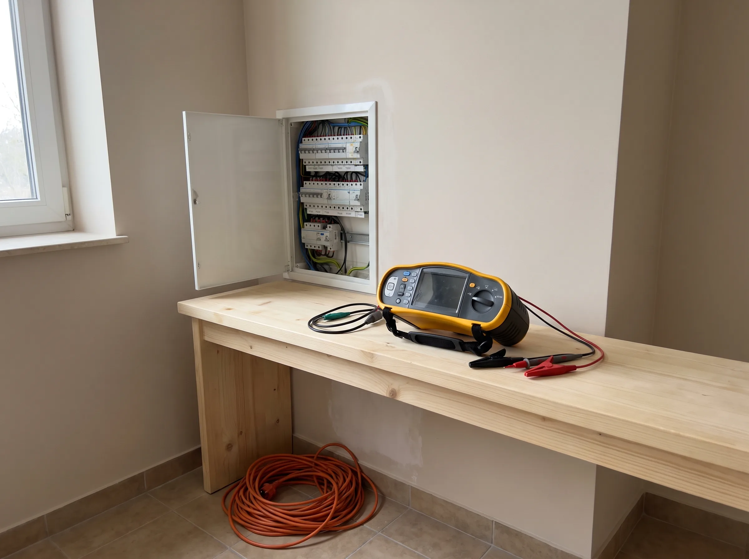 Pomieszczenie z rozdzielnią elektryczną i testerem do pomiarów elektrycznych