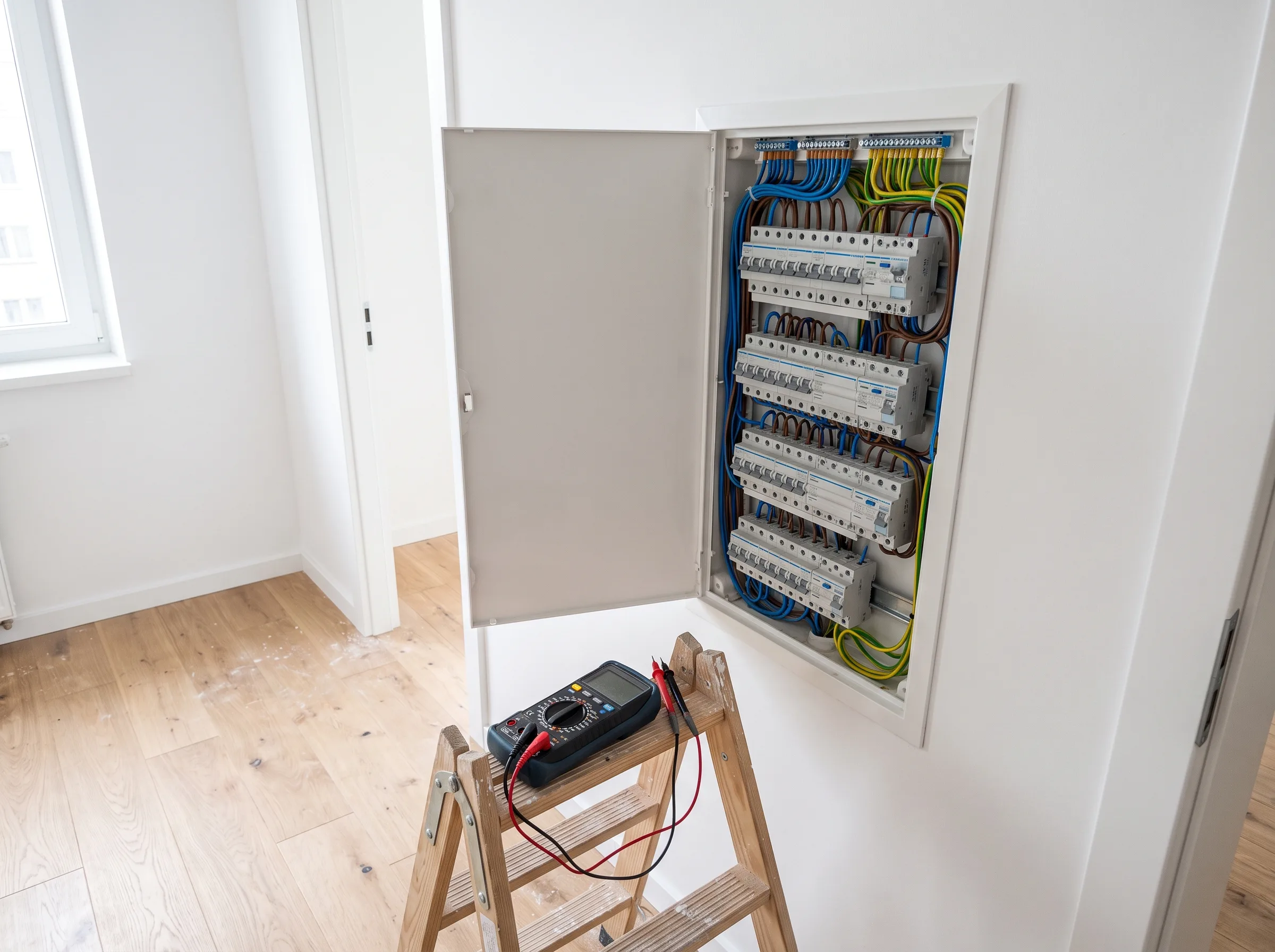 Skrzynka rozdzielcza z instalacjami elektrycznymi w nowoczesnym wnętrzu