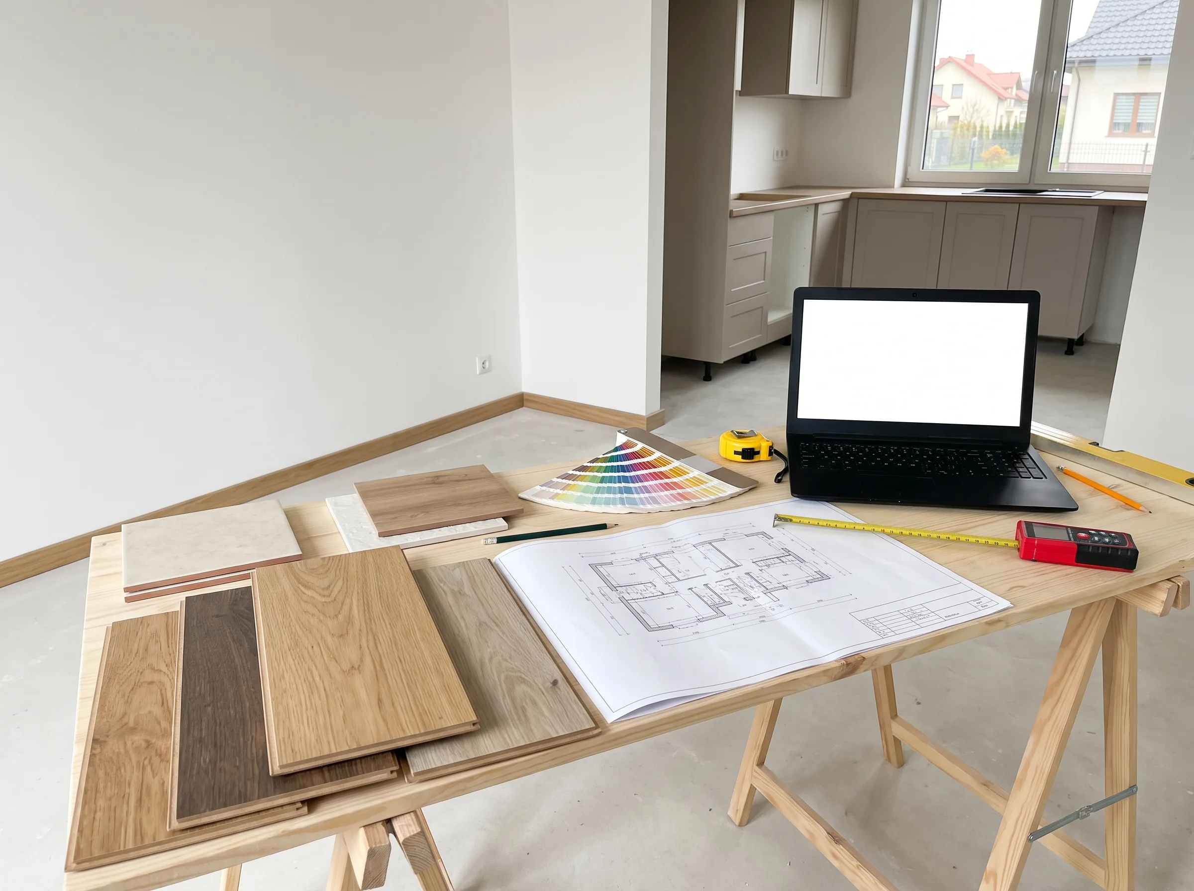 Stół z próbkami paneli, paletą kolorów i projektem kuchni w tle