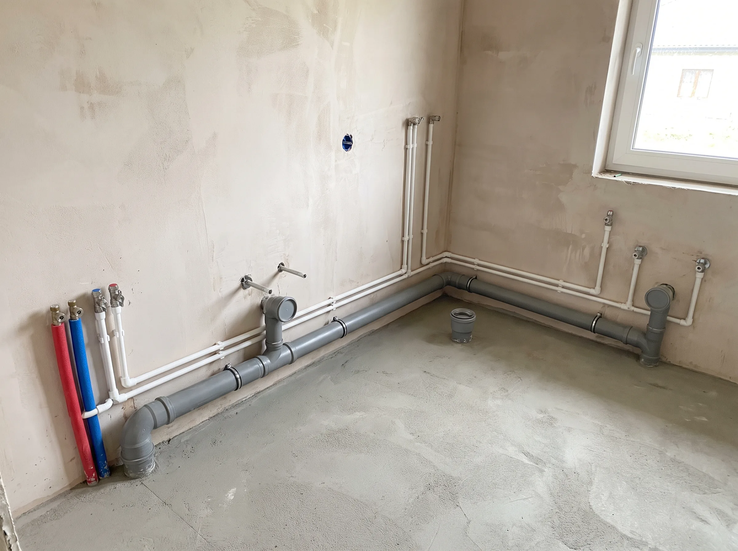 Instalacje hydrauliczne w nowo remontowanej przestrzeni, widoczne rury przygotowane do podłączenia