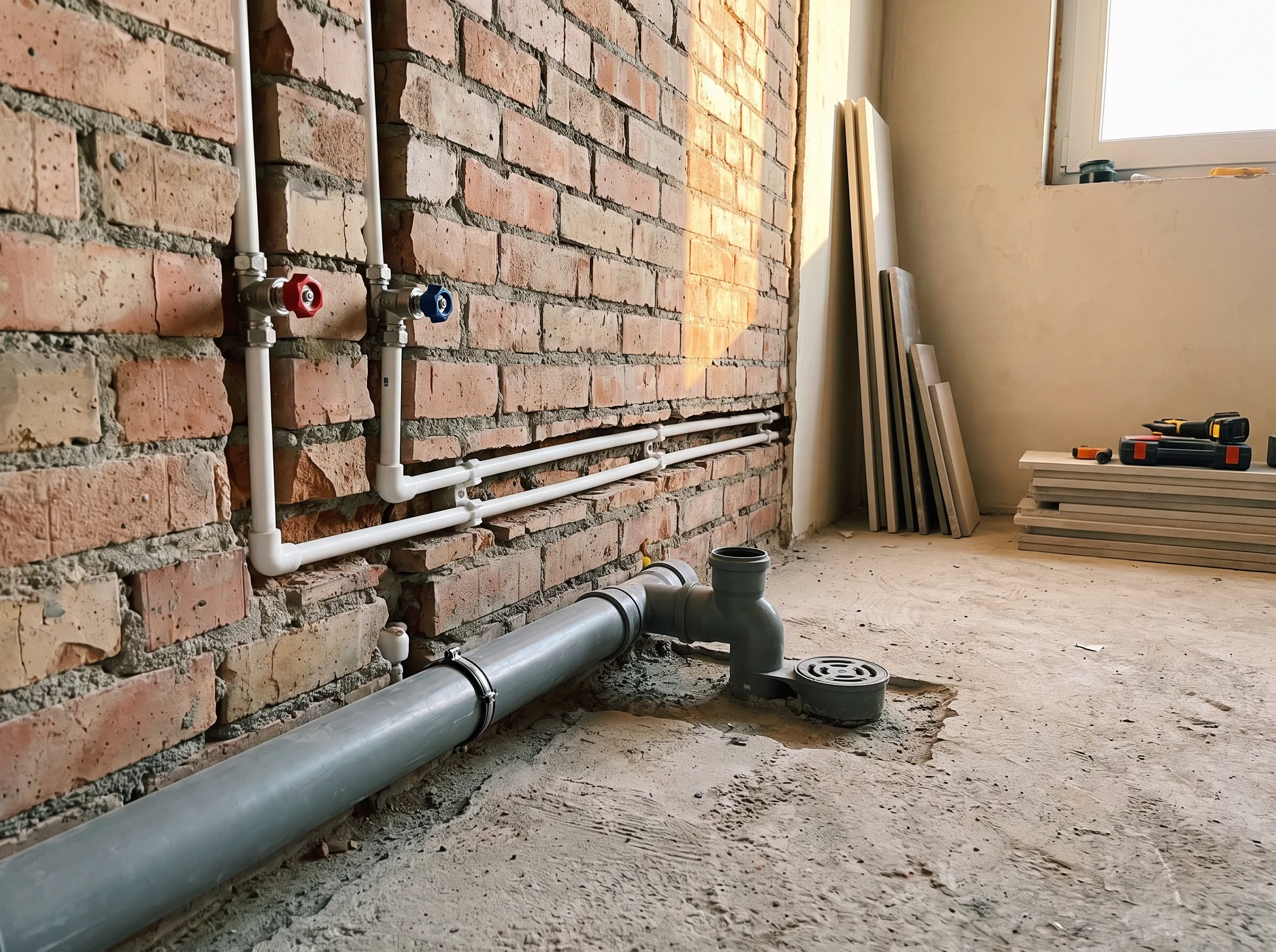 Instalacja hydrauliczna w trakcie remontu, widoczne rury i ściana z cegły
